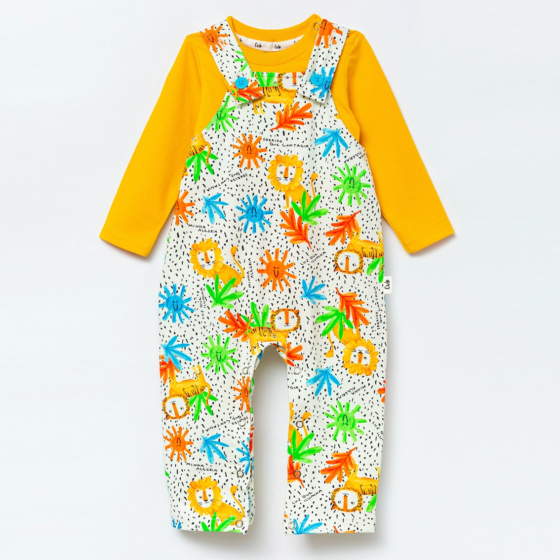 Conjunto Jardineira Manga Longa Bebê Estampa Leãozinho - Amarelo