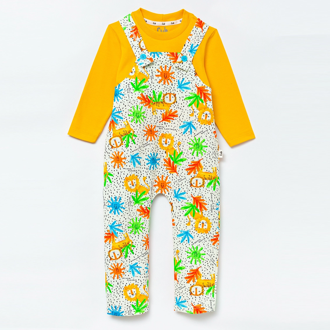 Conjunto Jardineira Manga Longa Estampa Leãozinho - Amarelo