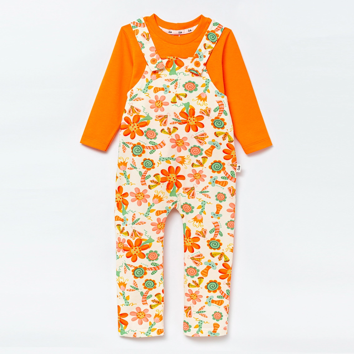 Conjunto Jardineira Manga Longa Estampa Mariposa - Laranja