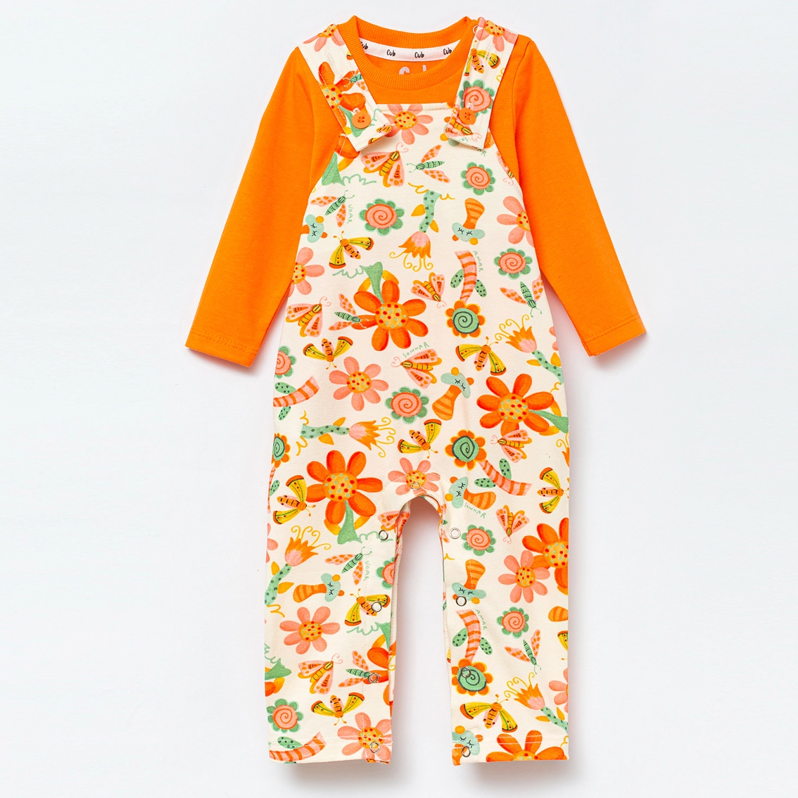 Conjunto Jardineira Manga Longa Bebê Estampa Mariposa - Laranja