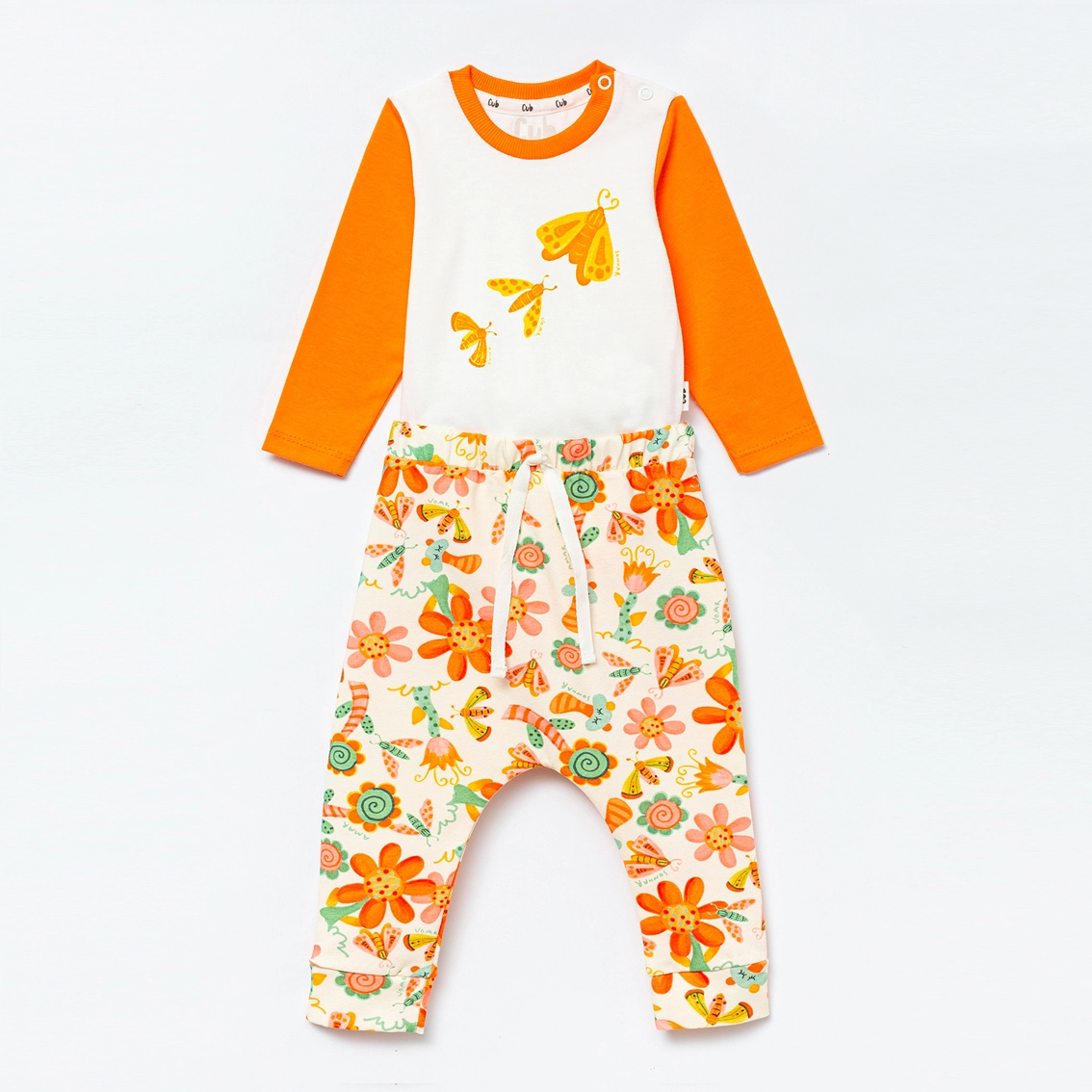 Conjunto Bebê Manga Longa Estampa Mariposa - Laranja