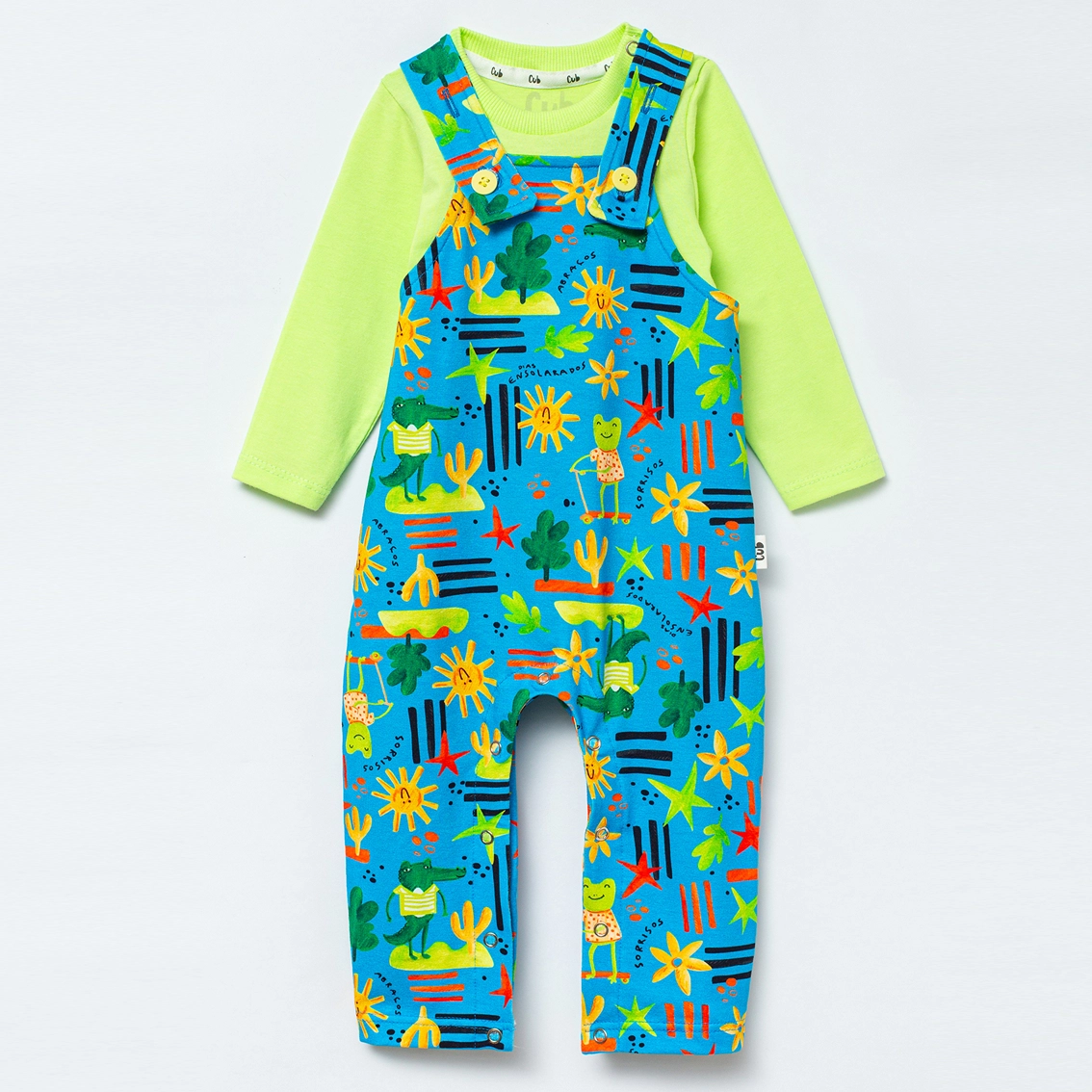 Conjunto Jardineira Manga Longa Bebê Estampa Sol - Verde